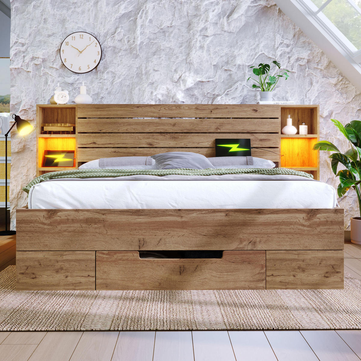 POLSTERBETT aus Holz und Metall 180x200 cm in Eiche mit LED & USB-C - Eichefarben, Holz (180/200cm) - Modfu