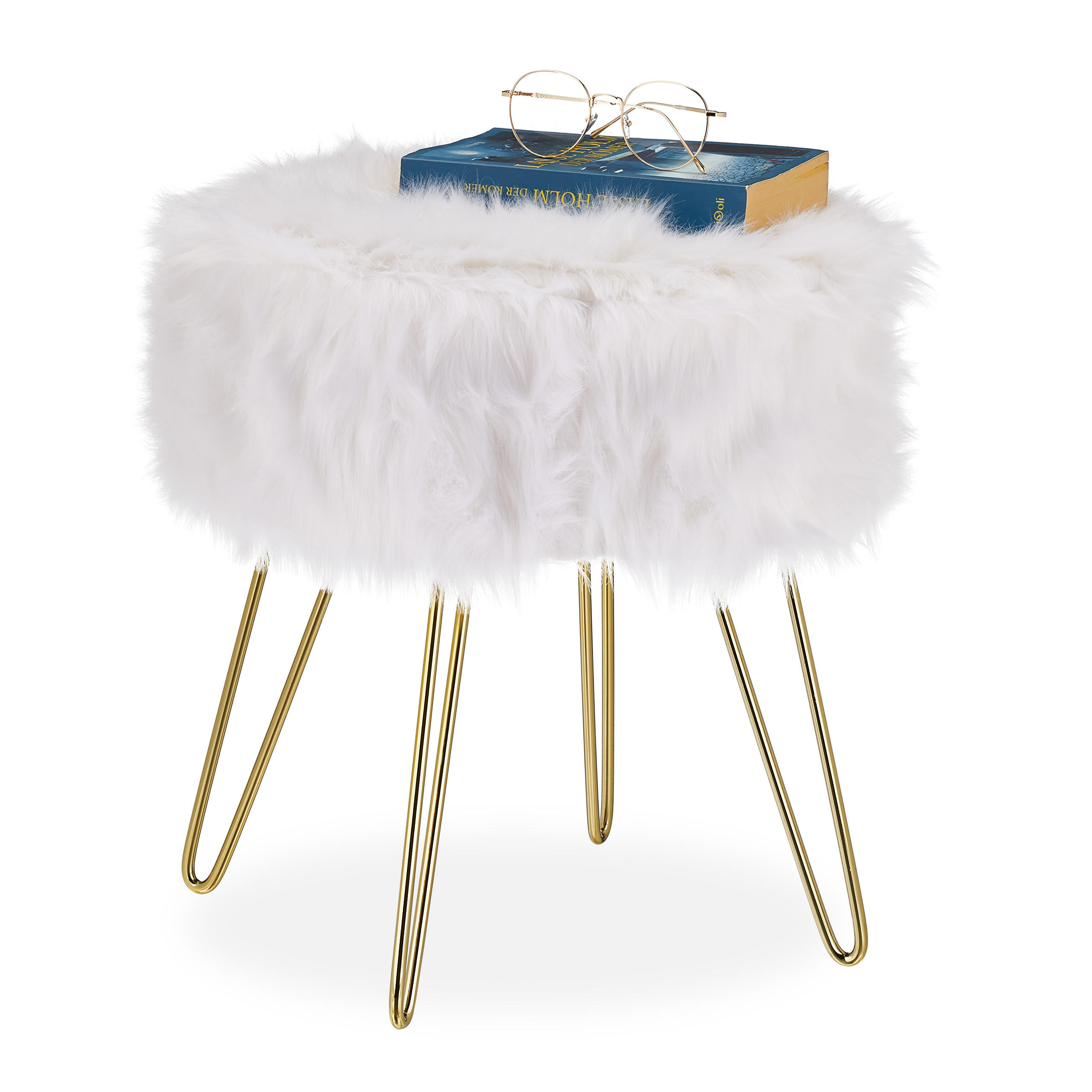 TABURET alb auriu blană artificială 40 cm