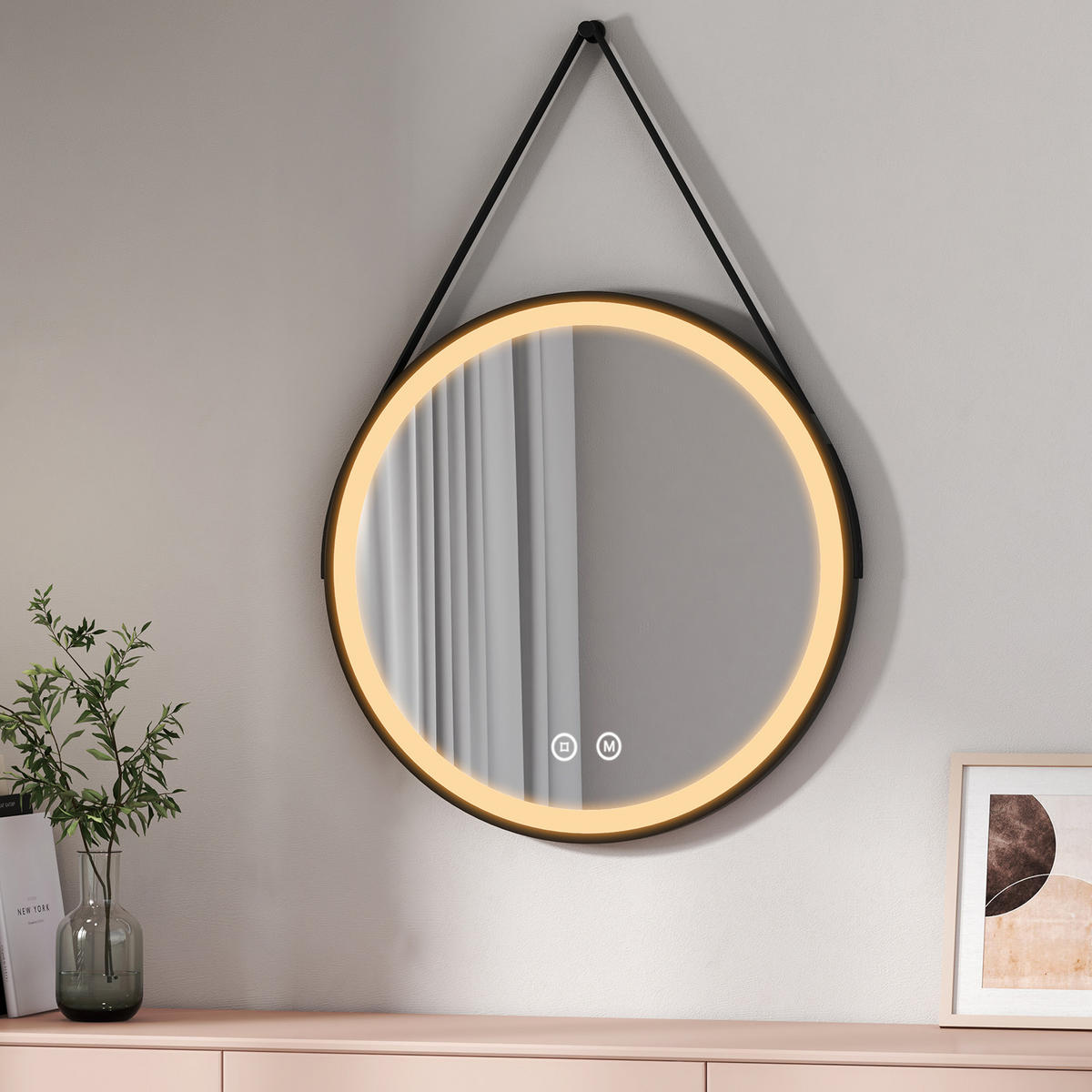 BADSPIEGEL Rund mit Touch-Schalter Beleuchtung mit Hängeriemen Schwarz ф70 cm - Schwarz, Glas (70/3/70cm) - EMKE