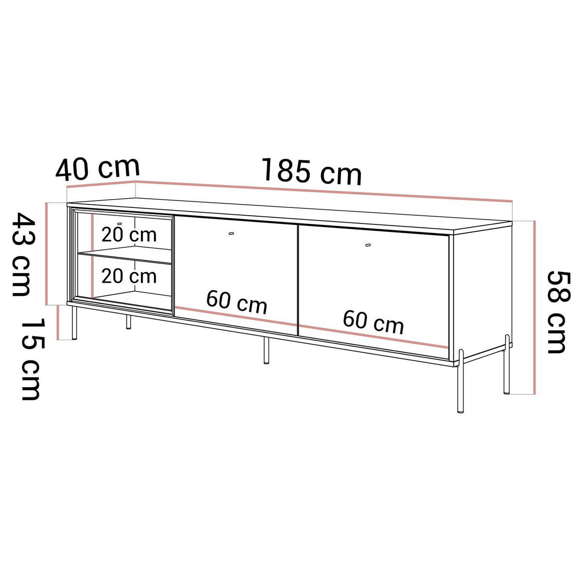 TV-SCHRANK ISA, mit LED-Beleuchtung auf hohen Beinen - Eichefarben, Holzwerkstoff (185/58/40cm) - Lookway