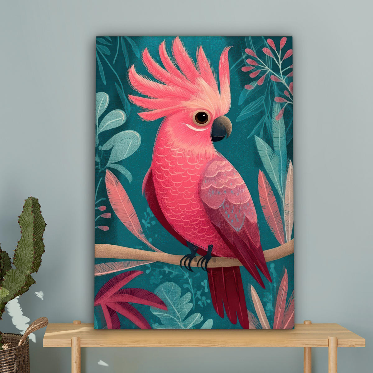 LEINWANDBILD Kakadu - Tropische Blätter - Zweig Wanddeko Schlafzimmer 60x90 cm - Petrol, Textil (60/90cm) - MuchoWow