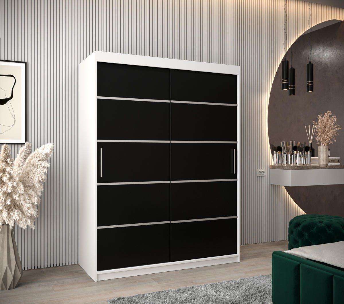 SCHWEBETÜRENSCHRANK 200/150/62 2-türig - Silberfarben/Schwarz, Holz/Kunststoff (150/200/62cm) - Abiks Möbel