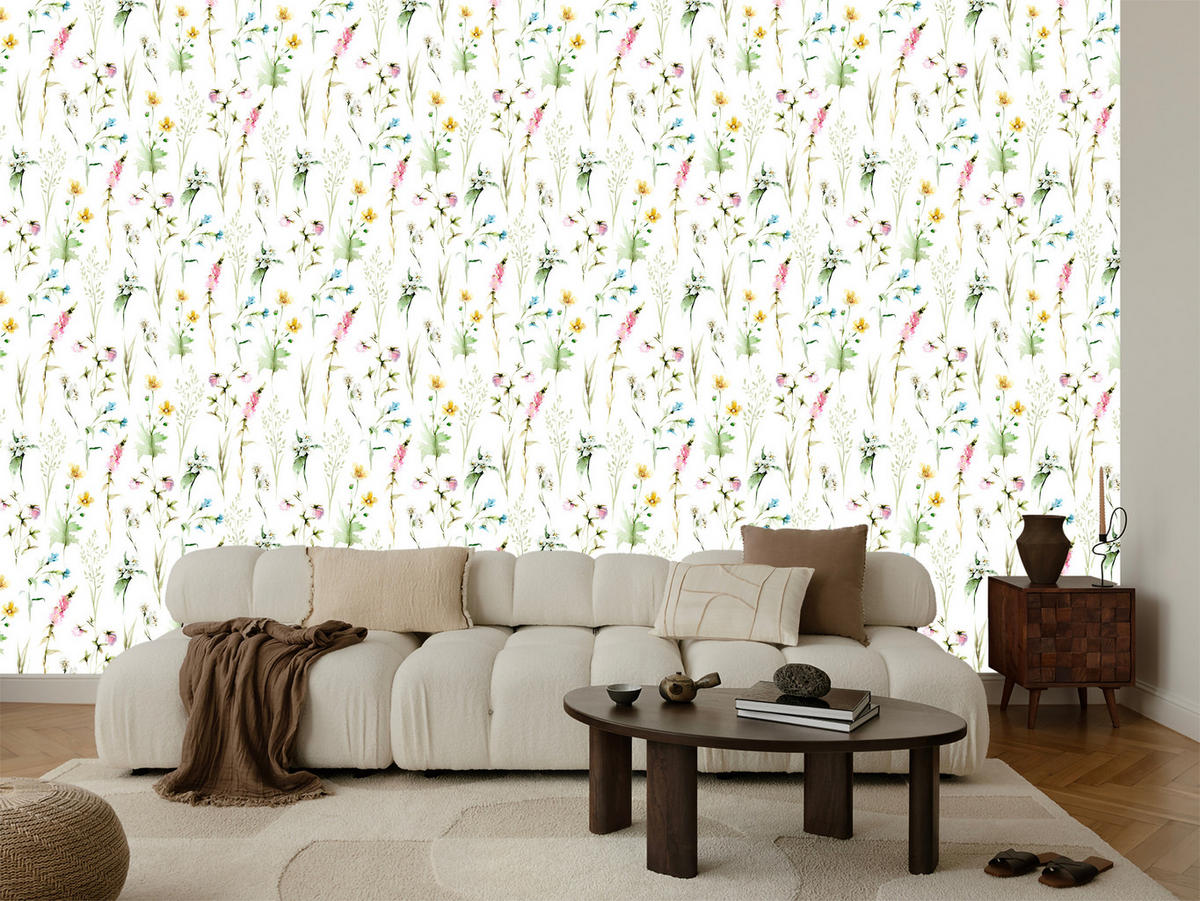 VLIESTAPETE Wildblumen im Boho-Stil – Grün, Bunt, Weiß – 50x1000 cm - Multicolor/Weiß, Papier (50/1000cm) - Muralo