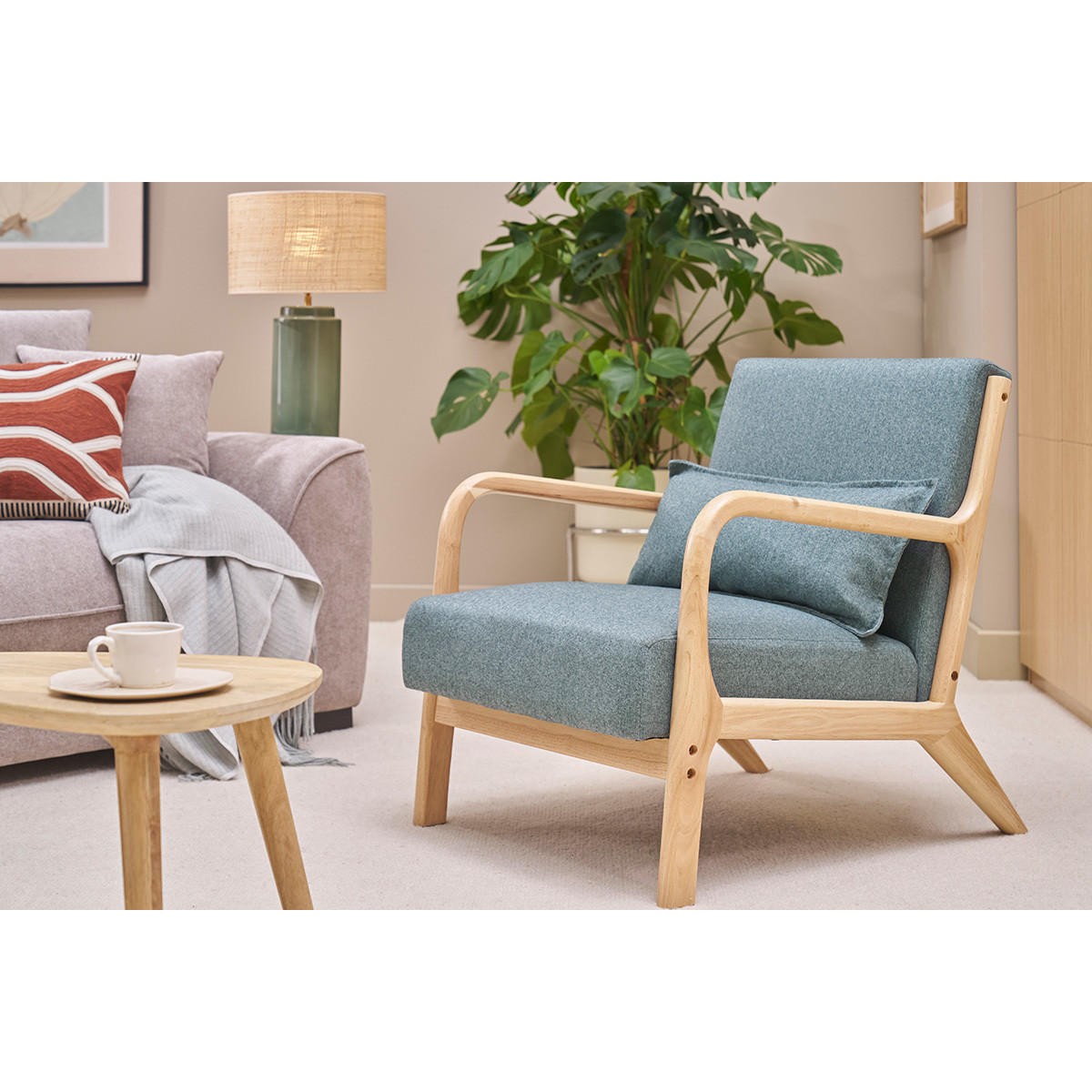 SESSEL Stoff Samteffekt GraugrÙn Helles Massivholz DERRY - Blaugrau, Textil (84/75.5/66cm) - Miliboo
