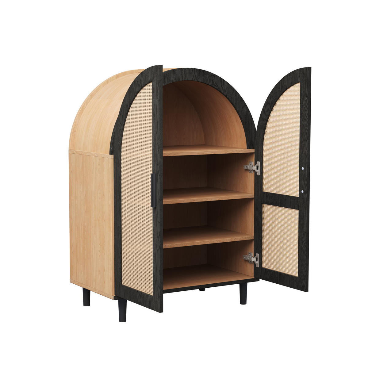 BOTNÍK z MDF a dřevotřísky 70x100x40 cm přírodní/černý se 2 ratanovými dvířky, 3 policemi a tlumeným dovíráním - přírodní, kompozitní dřevo (70/100/40cm) - Modfu