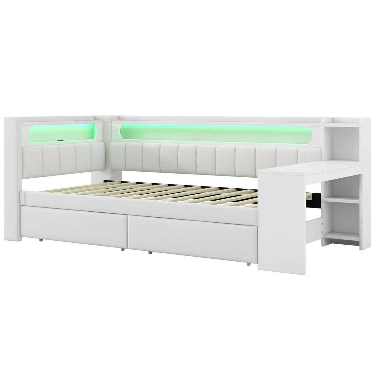 POLSTERBETT 90/200 cm Weiß mit LED-Beleuchtung, USB-Anschluss, Schreibtisch und 2 Schubladen - Weiß, Holzwerkstoff (90/200cm) - Flora Grace