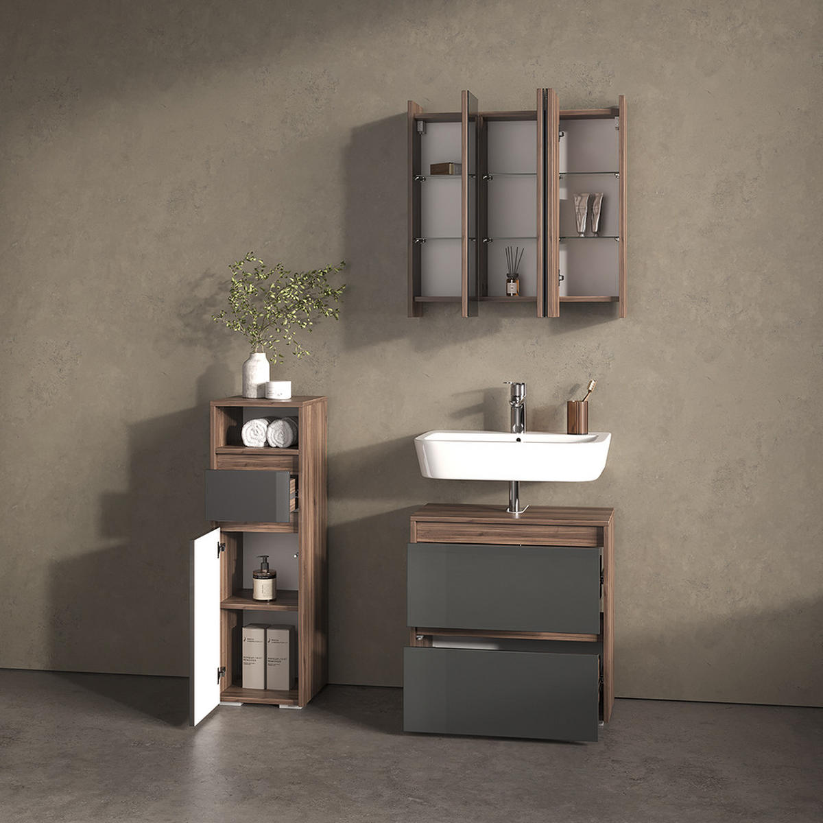 BADMÖBEL-SET Savuto Anthrazit 3 Teile - Anthrazit/Walnussfarben, Holzwerkstoff (60/62/30cm) - Livinity®