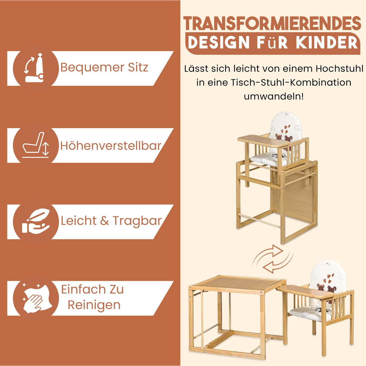 HOLZHOCHSTUHL für Kinder, Zum Tisch Und Stuhl Umbaubar, Ideal Als Esszimmerstuhl, Tragbar, Stabil Und Einfach Zusammenzubauen - Weiß, Textil (79/48/46cm) - Best for Kids