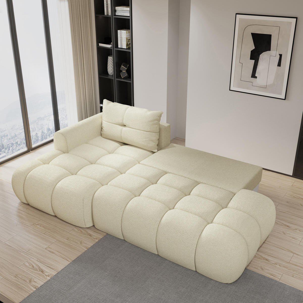ECKSOFA FLUMA L-S Creme Boucle-Stoff mit Schlaffunktion - Creme, Holz (274/165cm) - MASSENO
