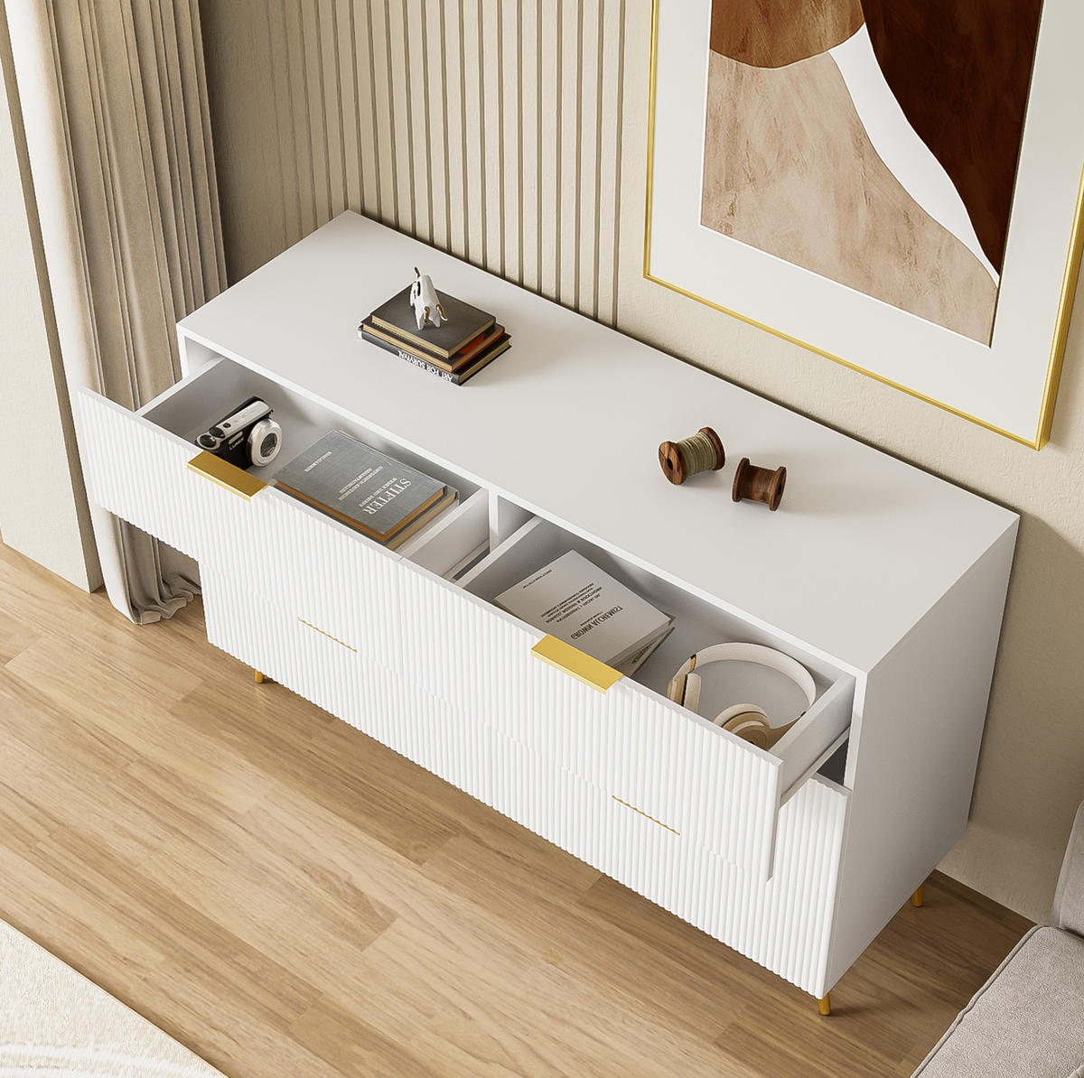 SIDEBOARD 120/40/77 cm in Weiß mit 6 Schubladen und goldfarbenen Details - Weiß, Holzwerkstoff (120/77/40cm) - Flora Grace