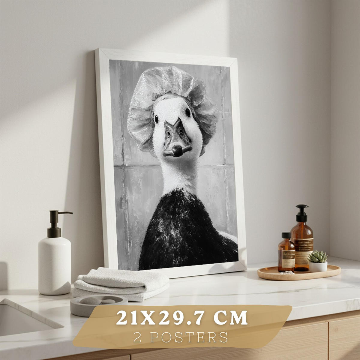 PLAKÁT Sada 2 zábavných černobílých potisků zvířat do koupelny, vtipný PLAKÁT na toaletu, koupelnu, umyvadlo, moderní minimalistický styl Bílý rám A4 - bílá, papír (29.7/21/3cm) - Nacnic