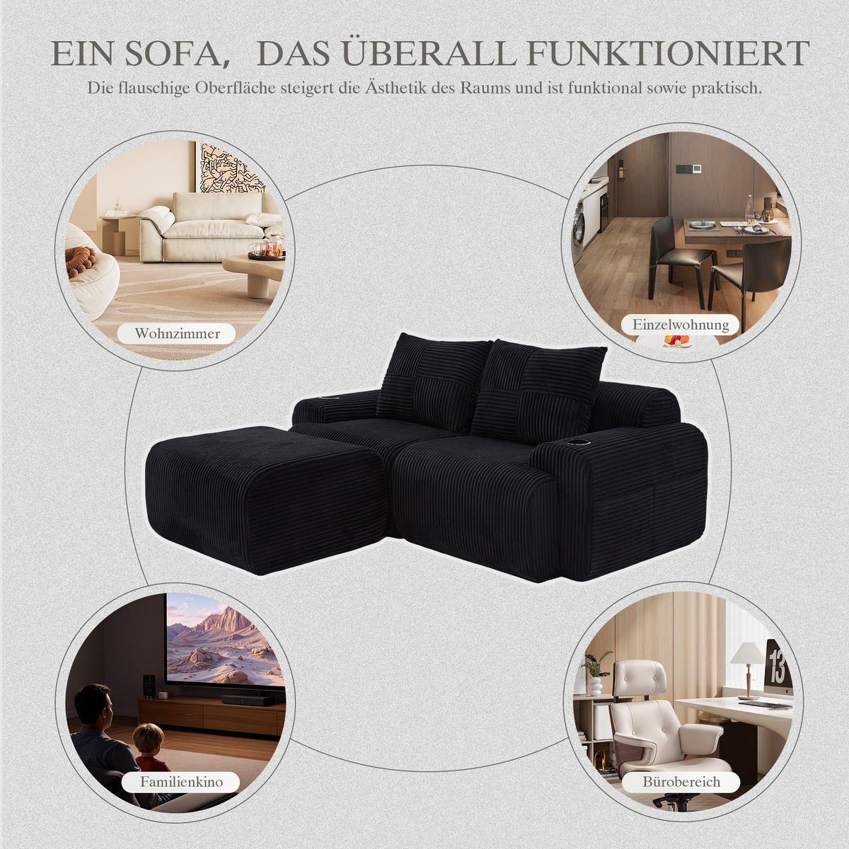 MODULARES 2-Sitzer Cordsofa mit Hocker Getränkehalter und Seitentasche 200/174/80 cm Schwarz - Schwarz, Textil (174/200cm) - Redom
