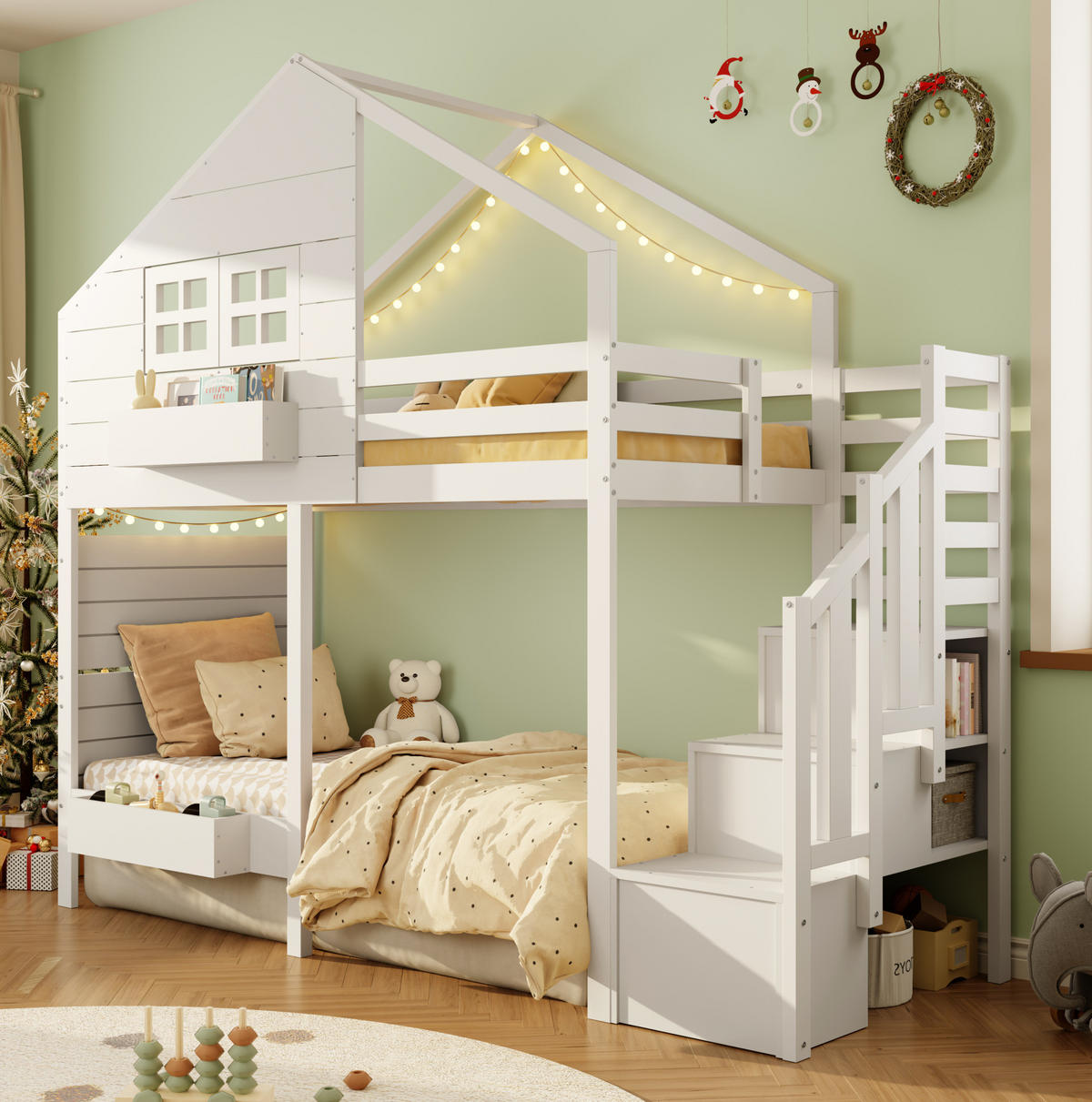 HAUSBETT 90/200 cm in Weiß mit Stauraumtreppe und Hausdesign - Weiß, Holzwerkstoff (90/200cm) - BEAOK