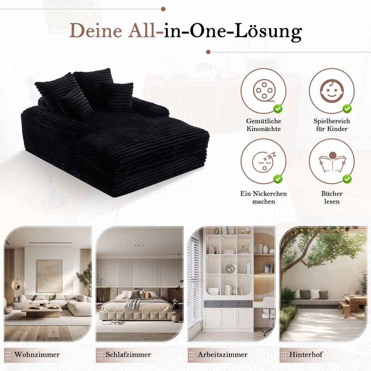 SCHLAFSOFA Luxus-Cord 4 Kissen montagefrei & platzsparend schwarz - Schwarz, Kunststoff (137/63/175cm)
