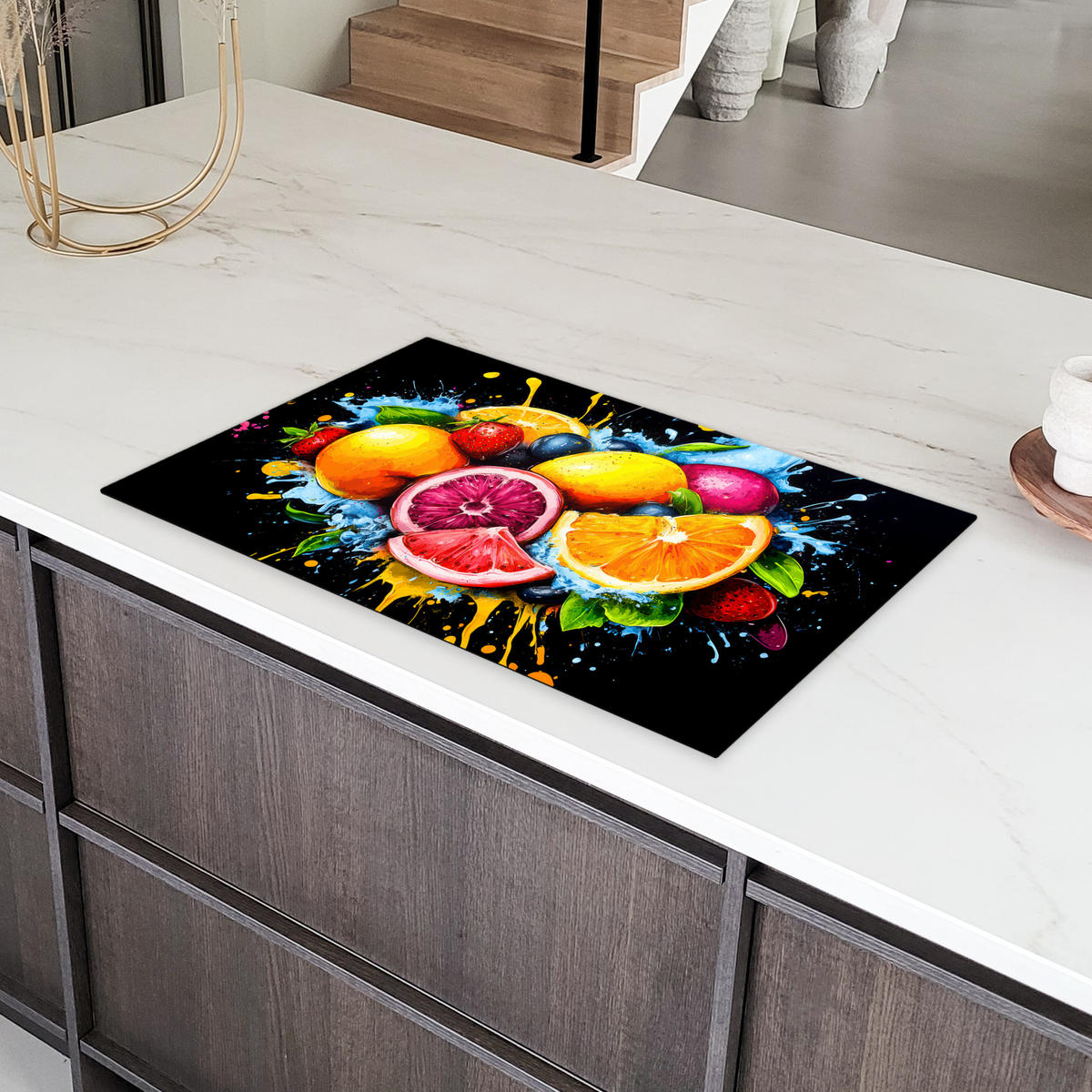 HERDABDECKPLATTE Obst - Graffiti - Bunt - Orange - Erdbeere - Abstrakt 85x52 cm - Orange, Kunststoff (85/52/0.2cm) - MuchoWow