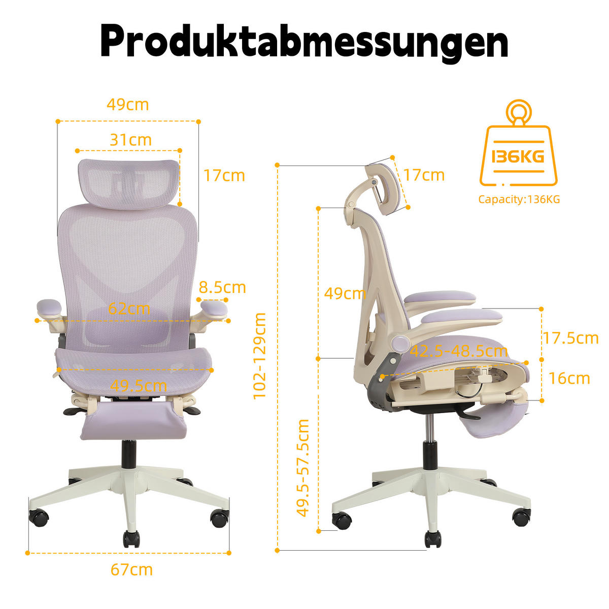 DREHSTUHL DE-40937 mit klappbarer Rückenlehne und 3D-Kopfstütze Violett - Lila, Metall (62/129/48.5cm) - ComfortXL