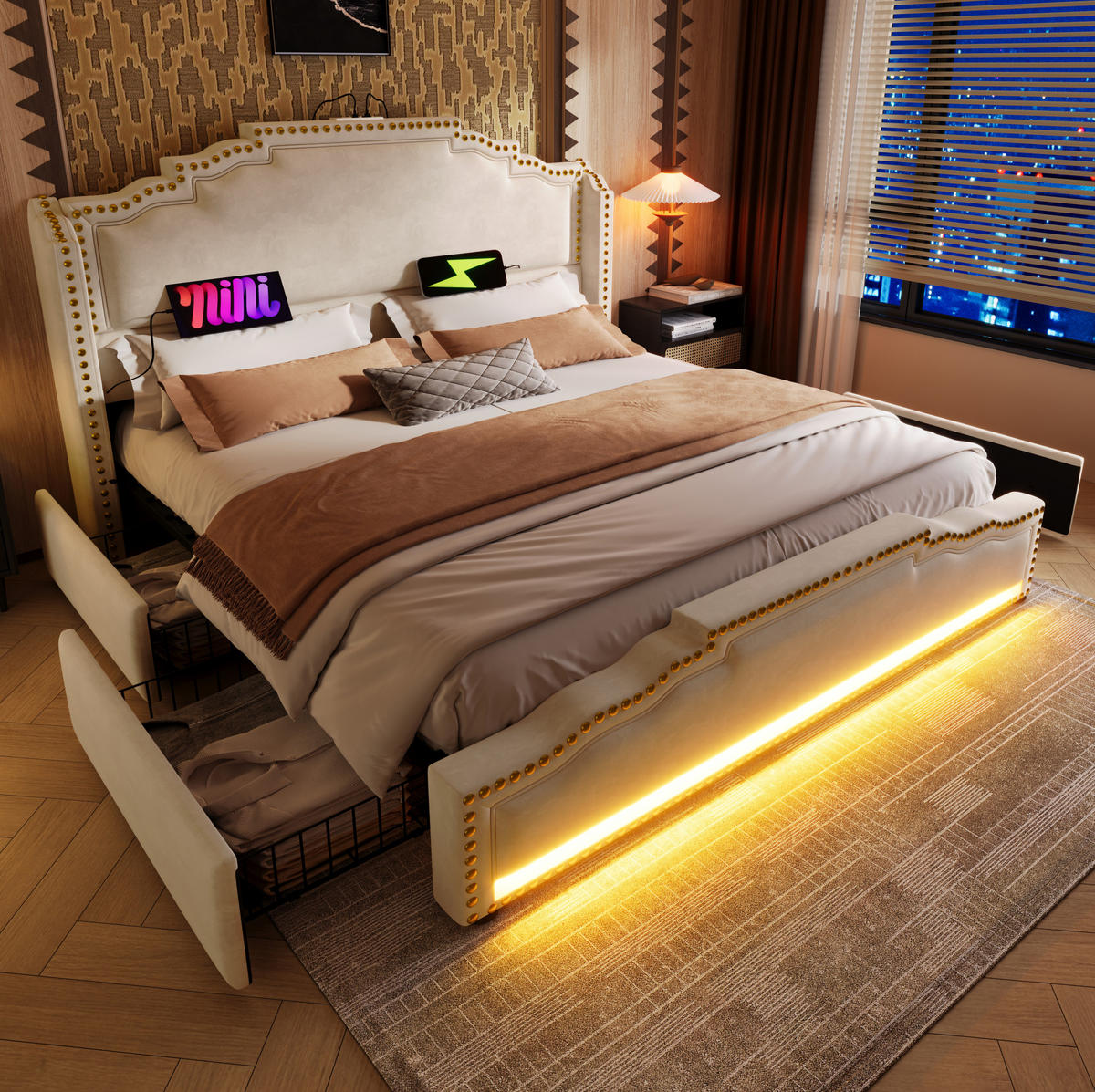 BETT mit 4 Schubladen LED USB-C 140x200 cm Samt Beige mit Matratze - Beige, Metall (140/200cm) - Meubliv