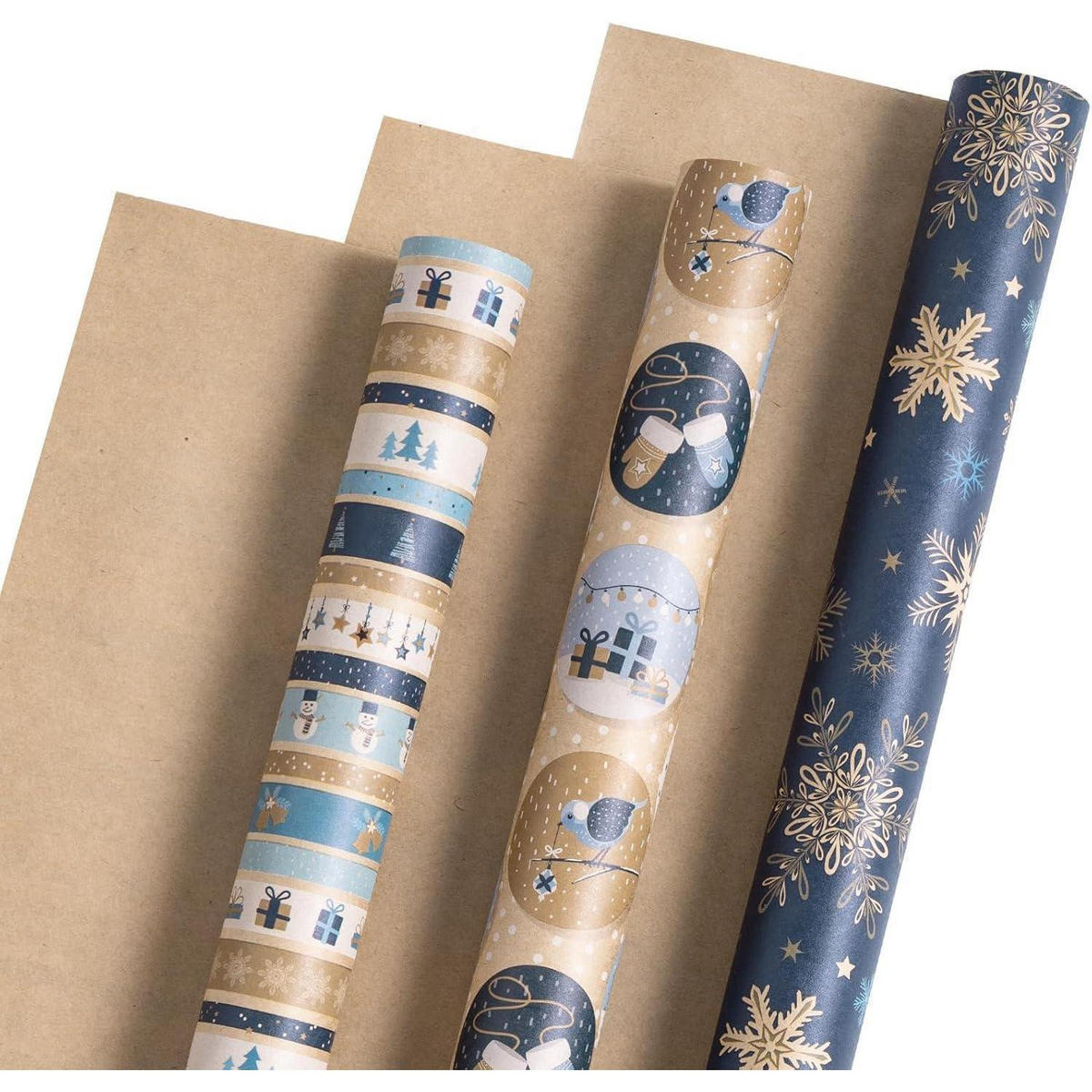 GESCHENKPAPIER 3 Rollen Set Kraftpapier Blau/Weiß 43,2 cm x 3 m - Multicolor, Papier (4/44/10cm)