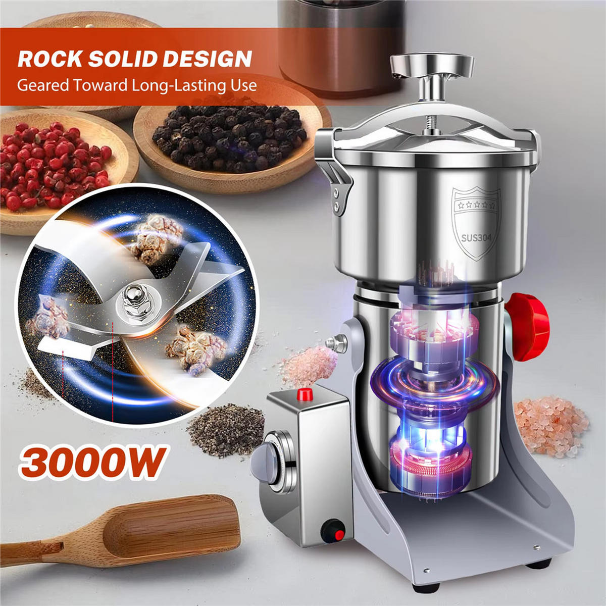 GEWÜRZMÜHLE 800G Kräuter Kaffee Getreide Hochgeschwindigkeit - Silberfarben, Metall (13/33/13cm) - Bextcok