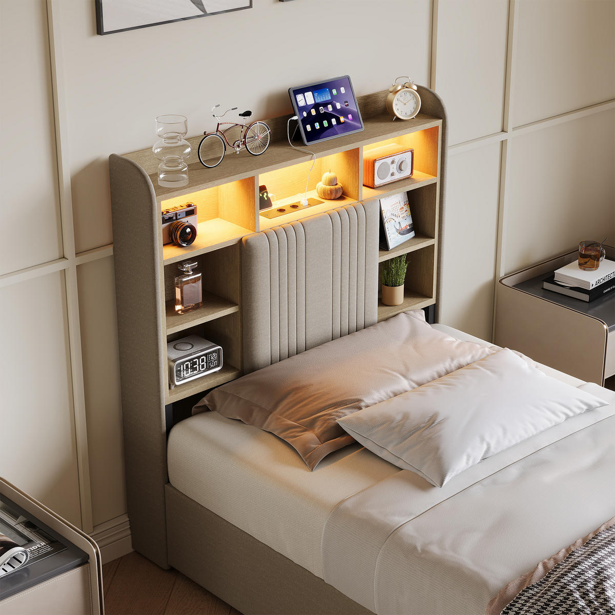 ČALÚNENÁ posteľ 90x200cm béžová ľanová, 2 zásuvky, LED, USB, úložný priestor - béžová, drevo - SHOPENTRA