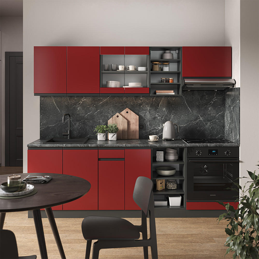 KÜCHENZEILE R-Line Rot/Anthrazit 240 cm J-Shape - Rotbraun/Anthrazit, Holzwerkstoff (240/81.6/46cm) - Vicco