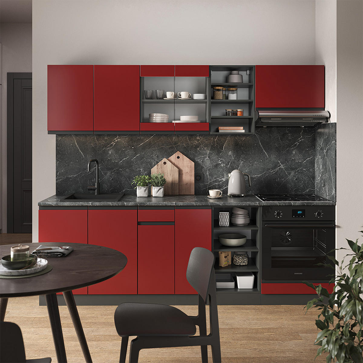 KÜCHENZEILE R-Line Rot/Anthrazit 240 cm, AP Marmor - Anthrazit/Rot, Holzwerkstoff (240/81.6/60cm) - Vicco
