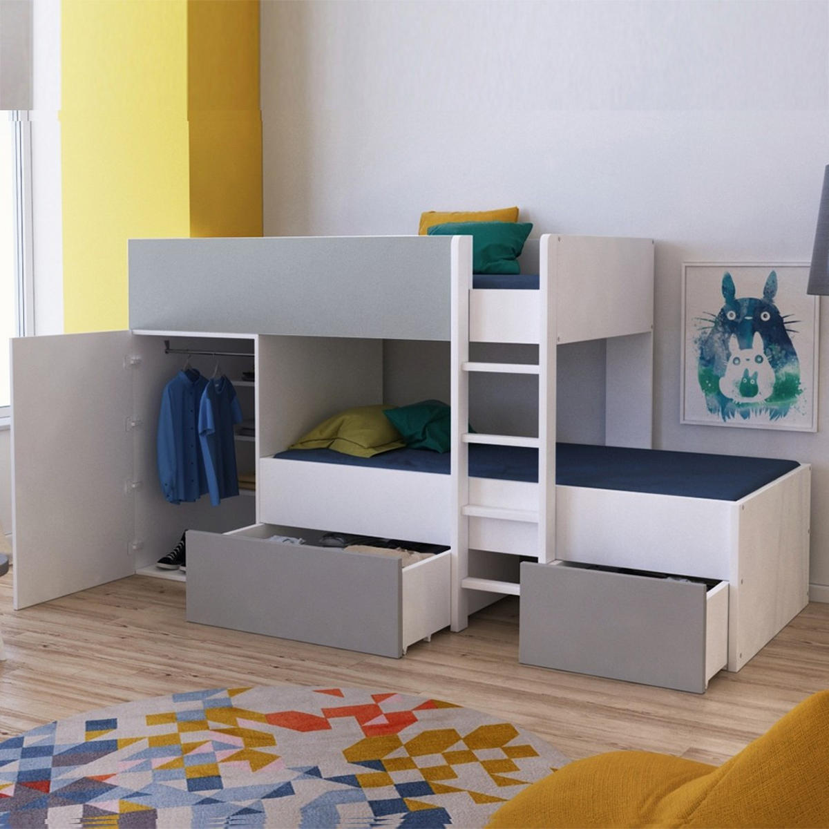 ETAGENBETT TWIN mit Schrank - Schubladen/ Etagenbett 90x190 - Weiß und Grau - Weiß/Grau, Holzwerkstoff (90/190cm) - Weber Industries