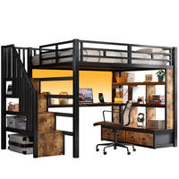 HOCHBETT 140/200 cm mit Schreibtisch, Regalen, 2 Schubladen, Stauraumtreppe und LED-Beleuchtung, Schwarz - Schwarz, Holzwerkstoff (140/200cm) - Redom