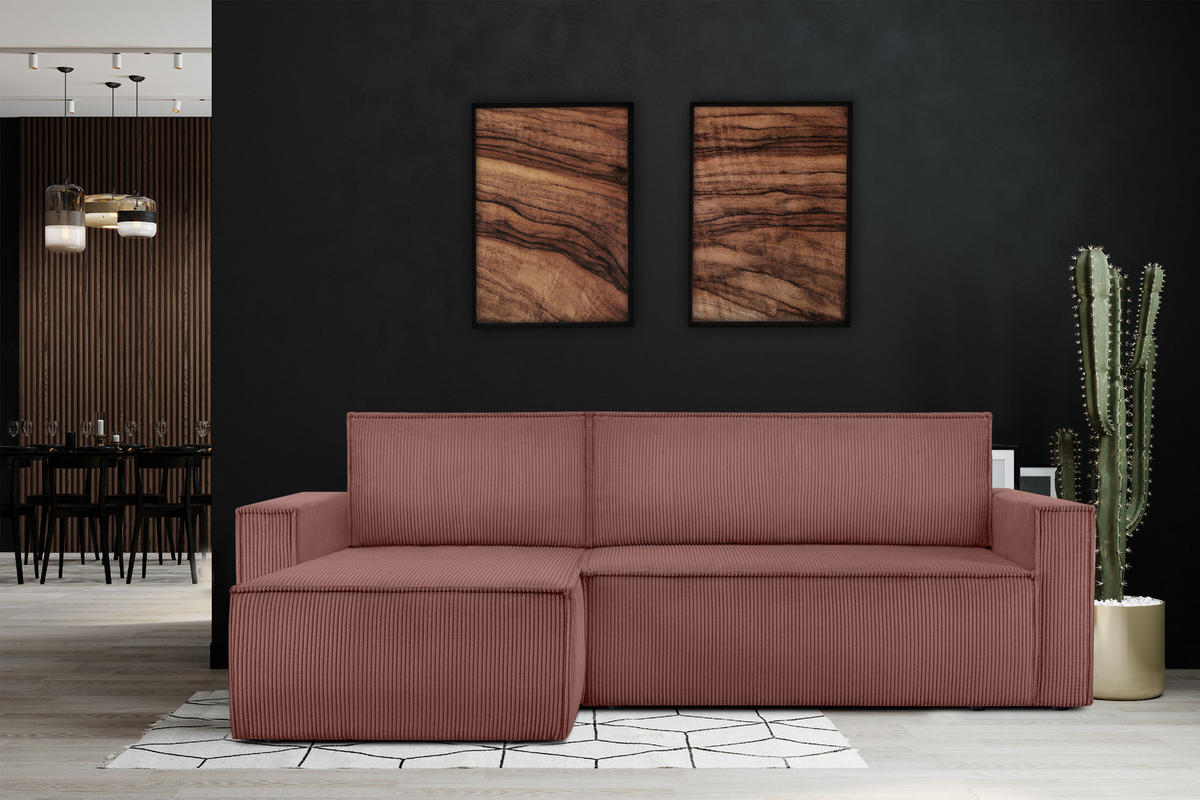 ECKSOFA-LINKS/RECHTS NAPI Schlaffunktion mit Cordbezug, Rosa - Pink/Schwarz, Textil (246/148cm) - KONSIMO®