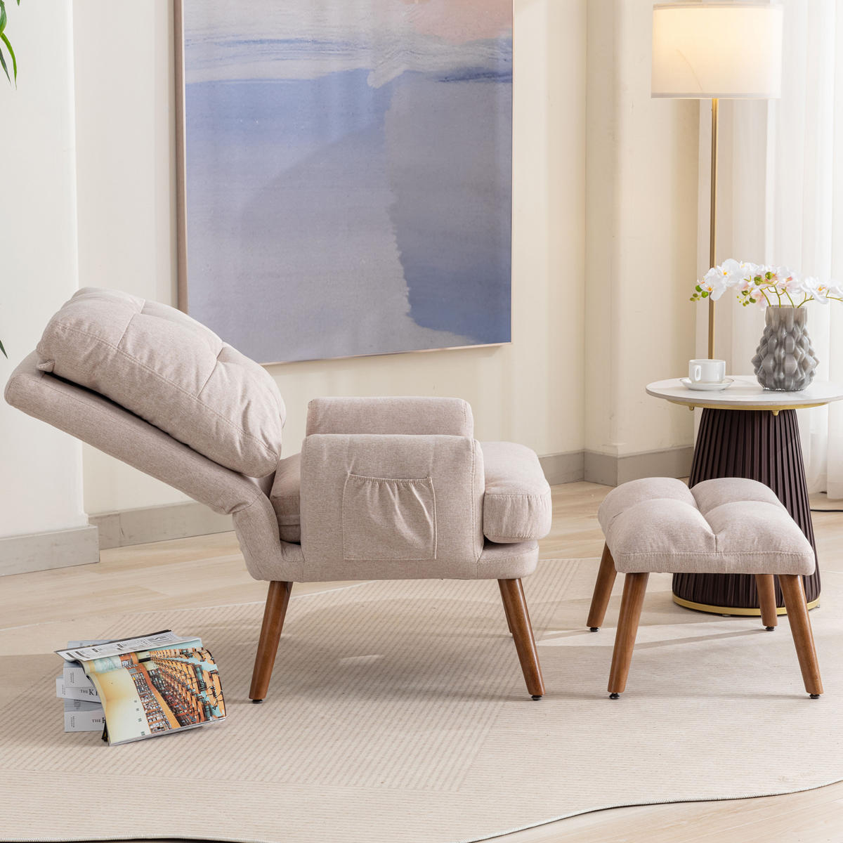 LOUNGSESSEL Verstellbar 5-stufig Neigbar Fußstütze Ablage - Beige, Holz (115.5/31/66.5cm) - FLIEKS
