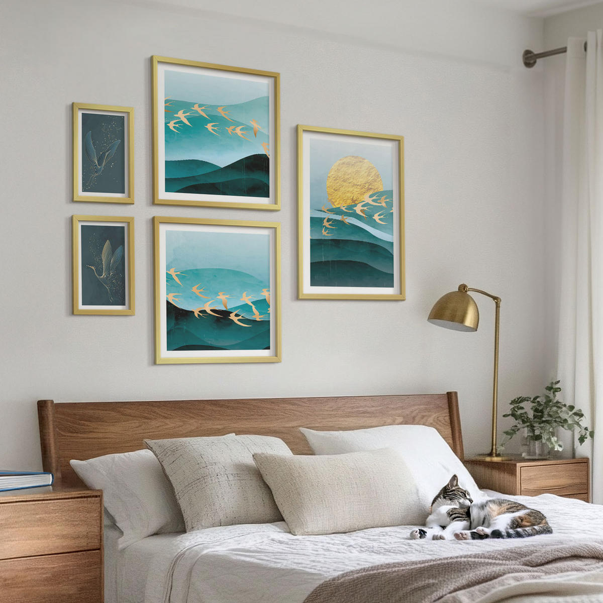 BILDER SET 5er Set - 50x50 cm & 20x30 cm & 40x60 cm Goldrahmen - Stilvolle Landschaften mit Vögeln - Goldfarben, Kunststoff (40/60cm) - TULUP