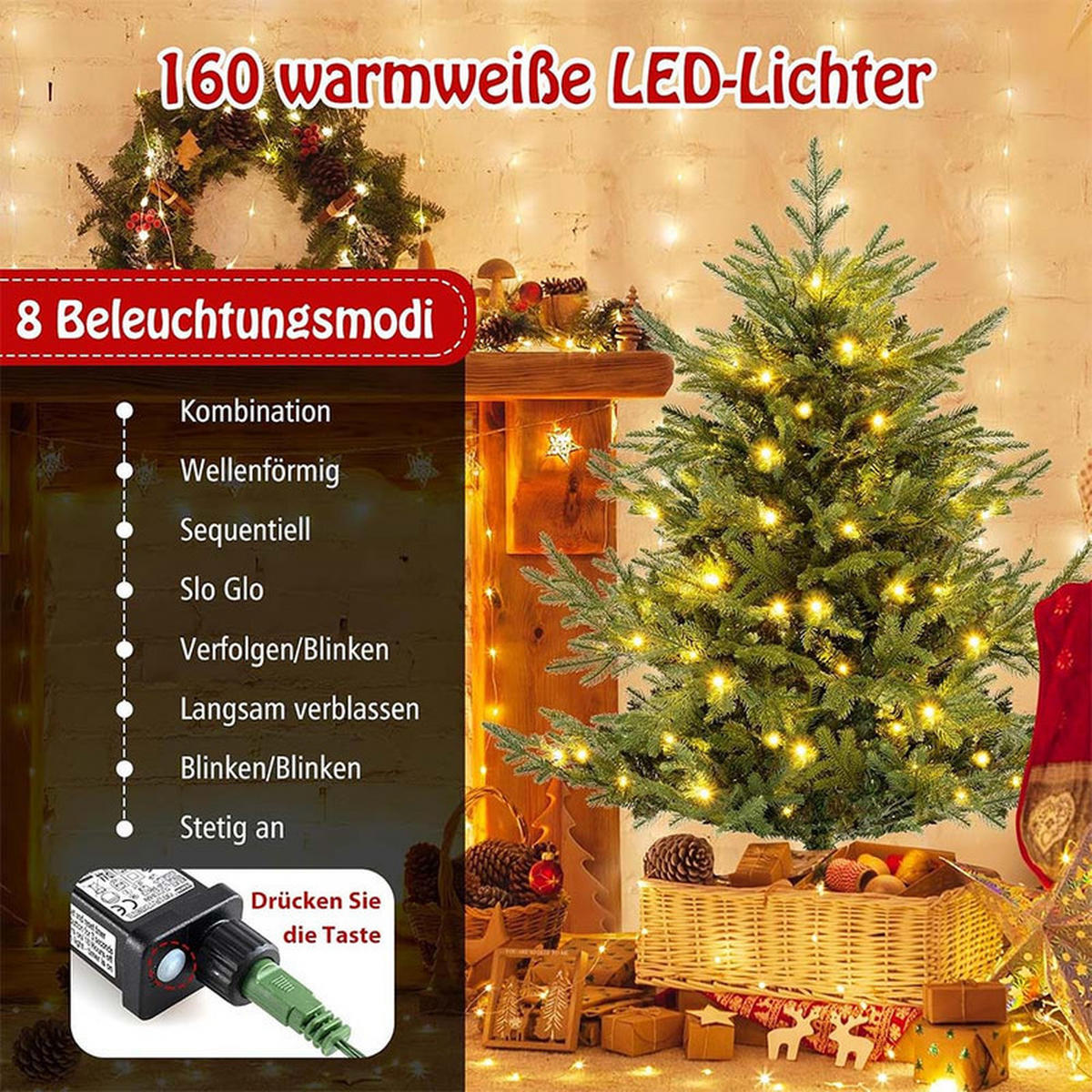 WEIHNACHTSBAUM mit 8 Lichtmodi 135cm Grün - Grün, Metall (135cm) - COSTWAY