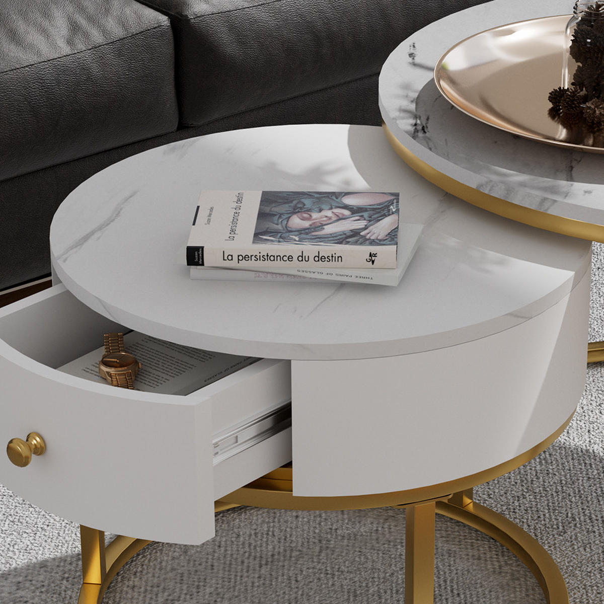 COUCHTISCH-SET Madrid Marmor Weiß 70 x 70 cm , kleiner Tisch mit Schublade - Weiß Hochglanz, Holzwerkstoff (70/70/48cm) - Vicco