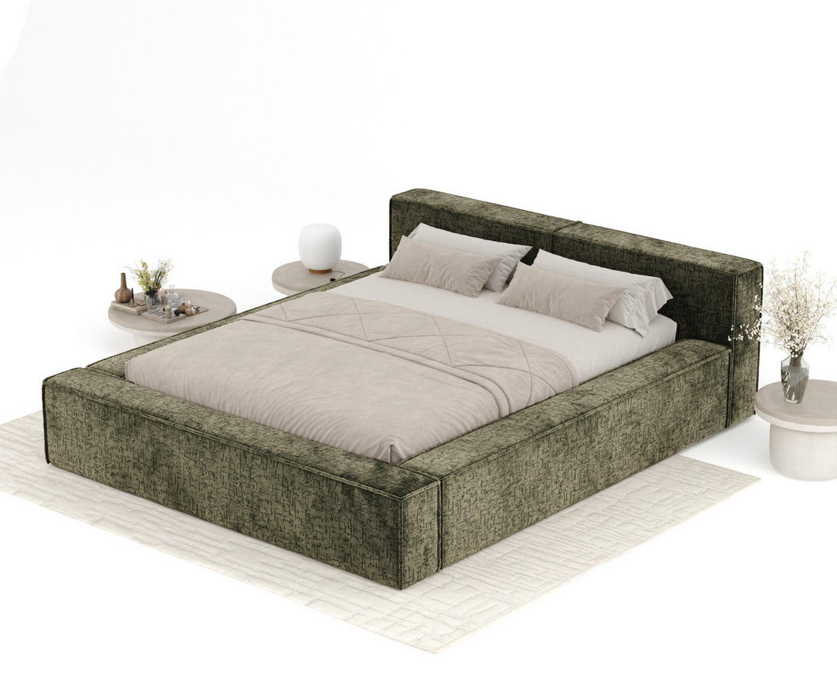 POLSTERBETT Voliera Olivgrün 180/200 cm im Chenille-Stoff - Birkefarben/Schwarz, Holz/Holzwerkstoff (180/200cm) - Maison de Reve