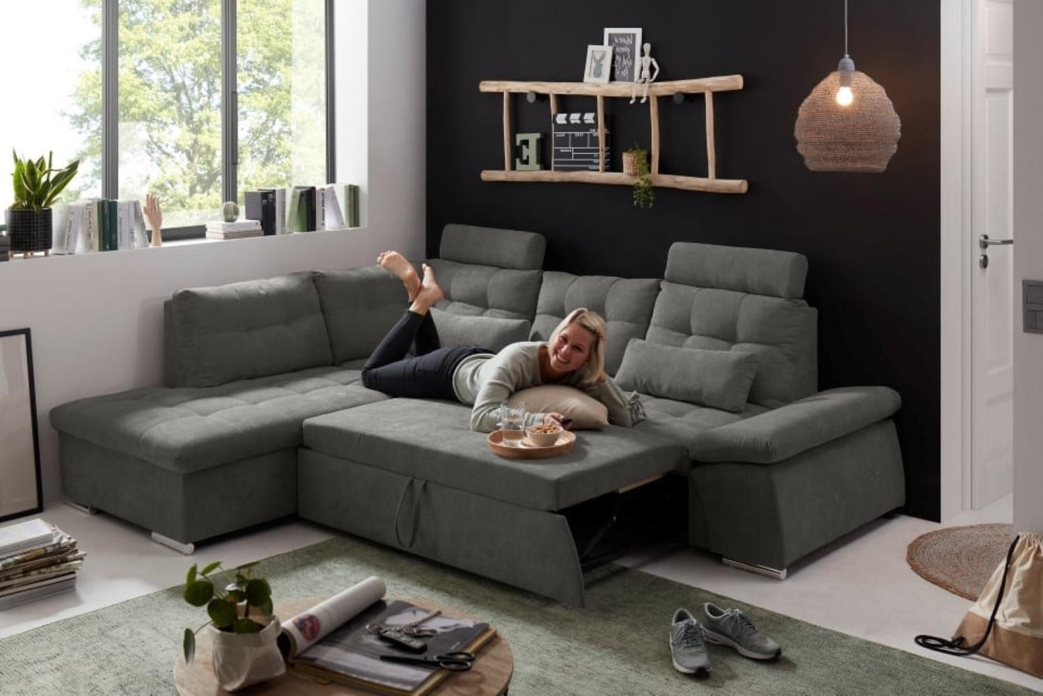 ECKSOFA mit Schlaffunktion, Bettkasten und verstellbarer Armlehne - Chromfarben/Grau, Textil (260/219cm) - ed exciting design