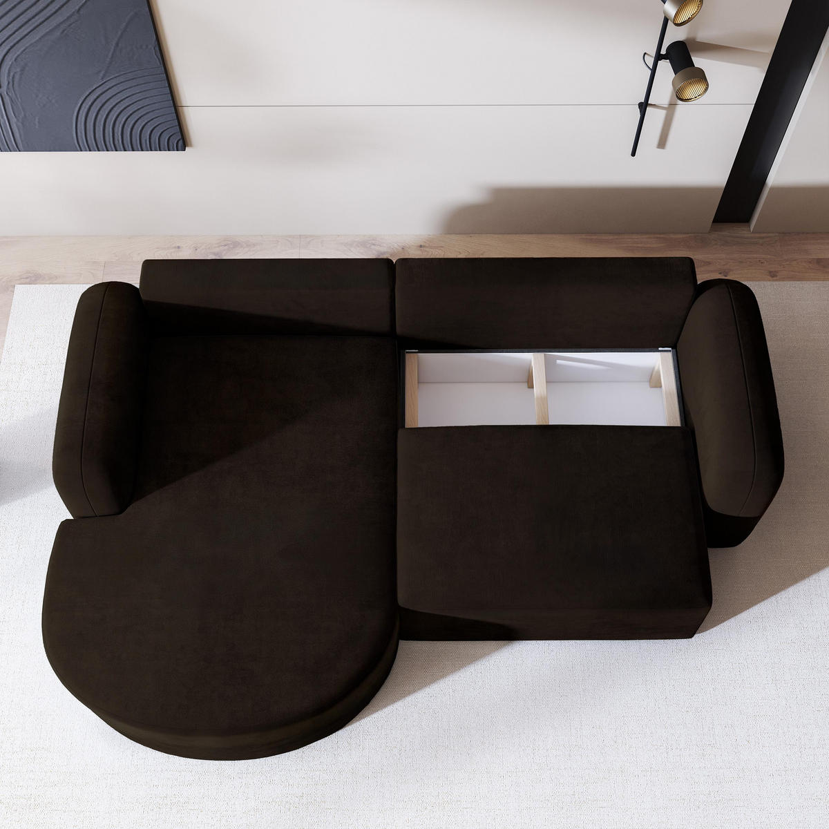 ECKSOFA AMILIA M L-S Braun Velours-Stoff mit Schlaffunktion - Braun, Holz (263/174cm) - MASSENO