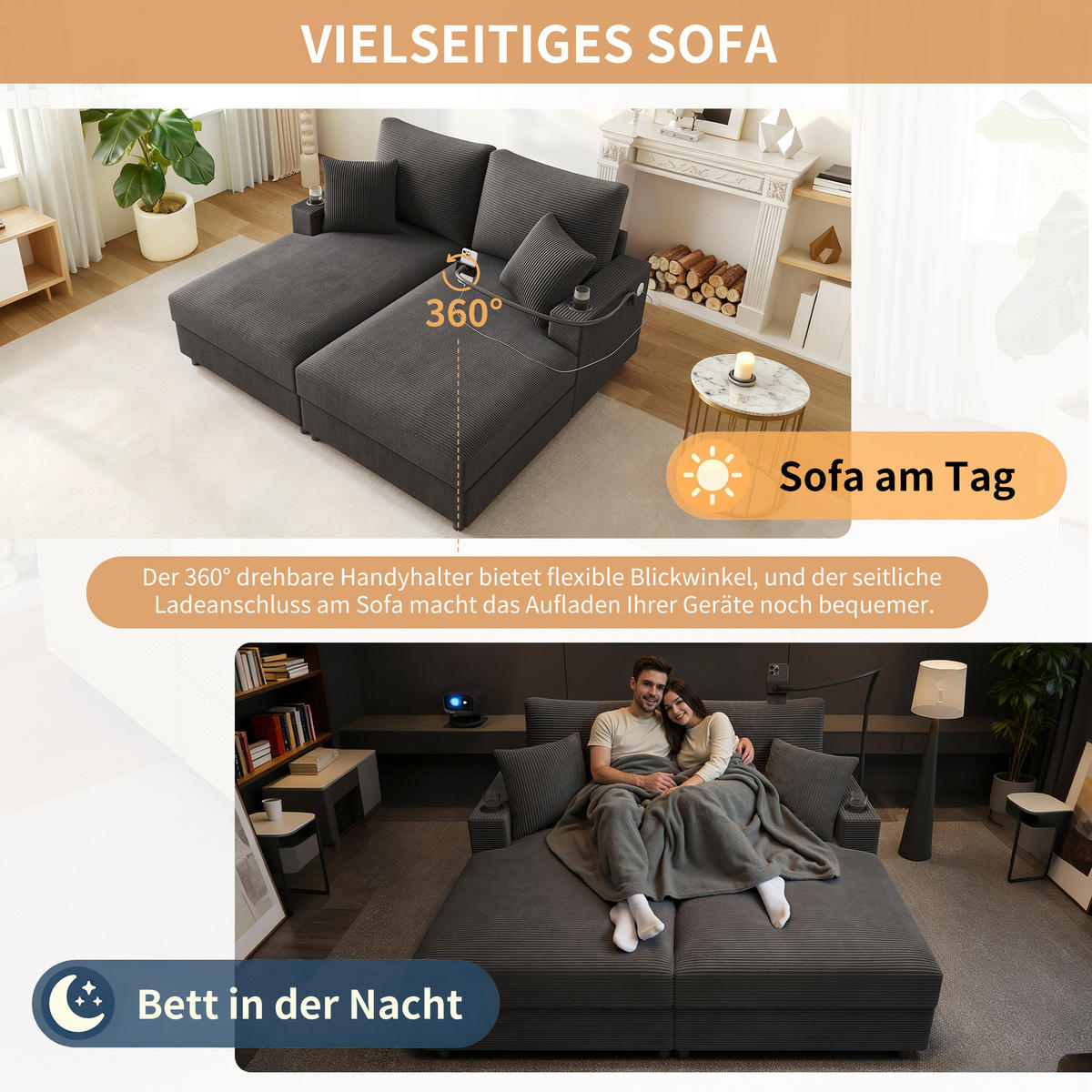 SCHLAFSOFA 2-Sitzer mit Handyhalter, USB und Getränkehalter, Grau - Grau, Textil (163/82/140cm)