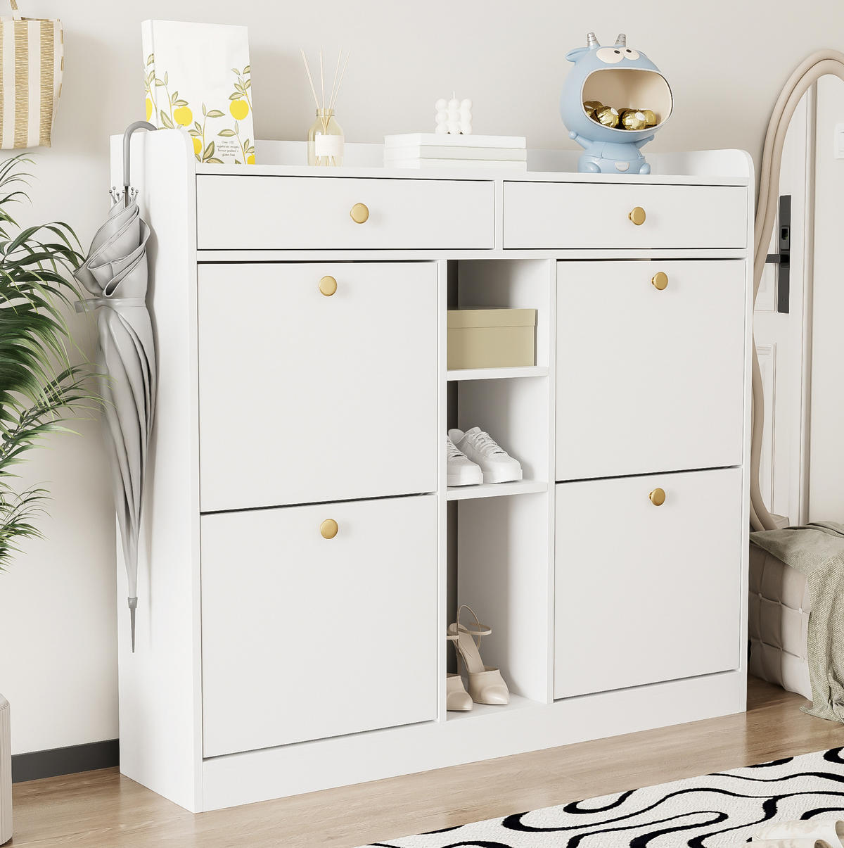SCHUHSCHRANK 110/100/26 cm Weiß aus Spanplatte mit 4 Klapptüren - Weiß, Holzwerkstoff (110/100/26cm) - OKMYHOME