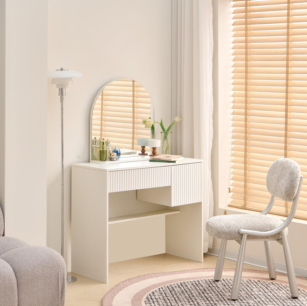 SCHMINKTISCH aus MDF 90x40x135 cm Weiß mit Spiegel, 2 Schubladen und Ablage - Weiß, Holzwerkstoff (90/135/40cm) - Modfu