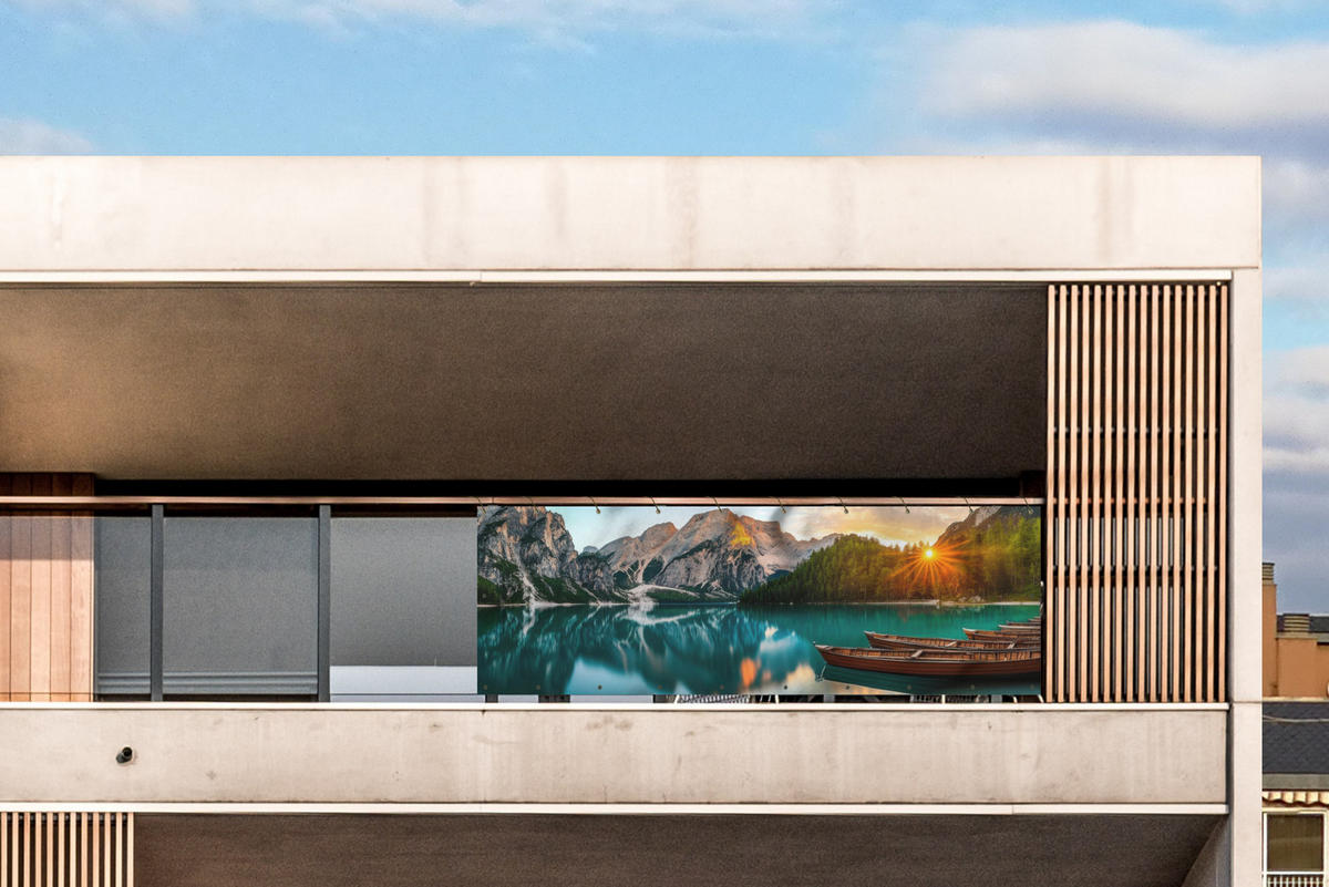 BALKON-SICHTSCHUTZ See - Berge - Sonnenuntergang - Boot - Petrol, Kunststoff (300/110cm) - MuchoWow