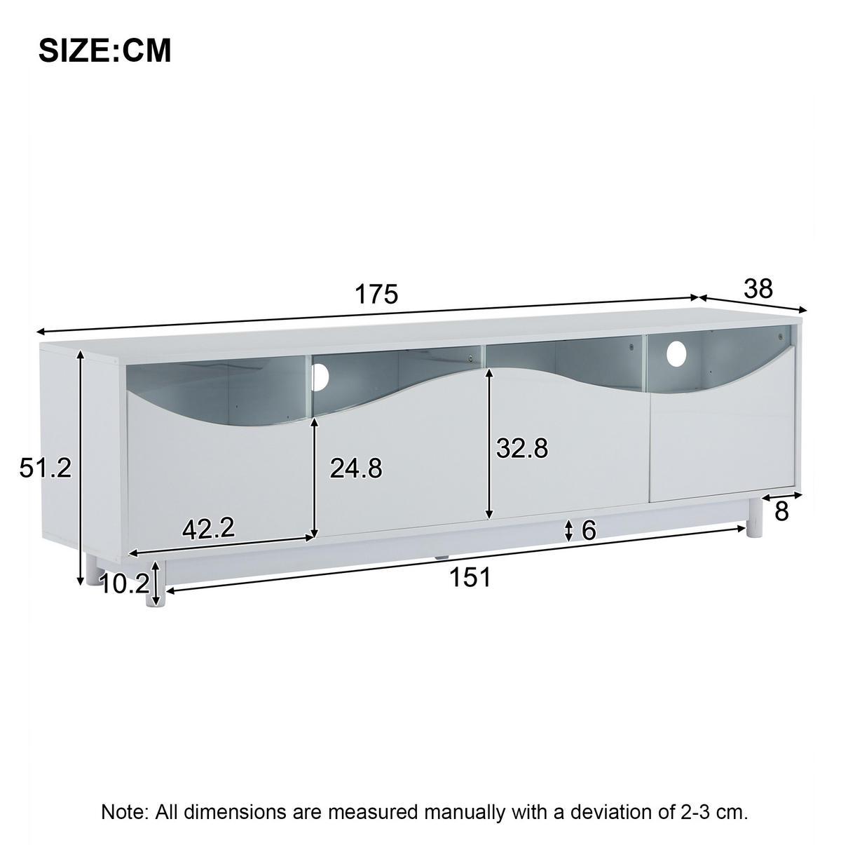 LOWBOARD 175/38/51 cm aus MDF mit LED-Beleuchtung und Glasfront Weiß - Weiß, Holzwerkstoff (175/51/38cm) - Modenvie