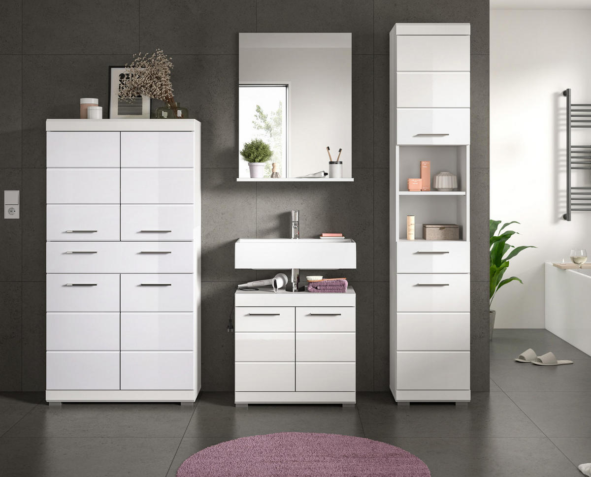 BADMÖBEL-SET weiß Hochglanz 4-teilig 200 cm, Komplettset mit viel Stauraum - Weiß Hochglanz, Glas/Holzwerkstoff (200/191/34cm) - Inn.Furn