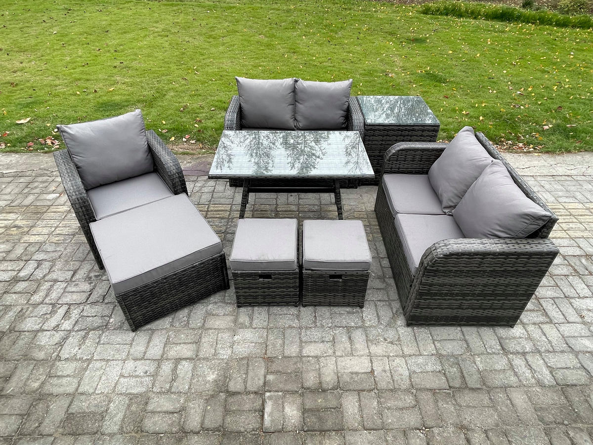 BALKONSET mit ESSTISCH SOFA Polyrattan Dunkelgrau 8-Sitzer - Dunkelgrau/Grau, Glas/Kunststoff - Fimous