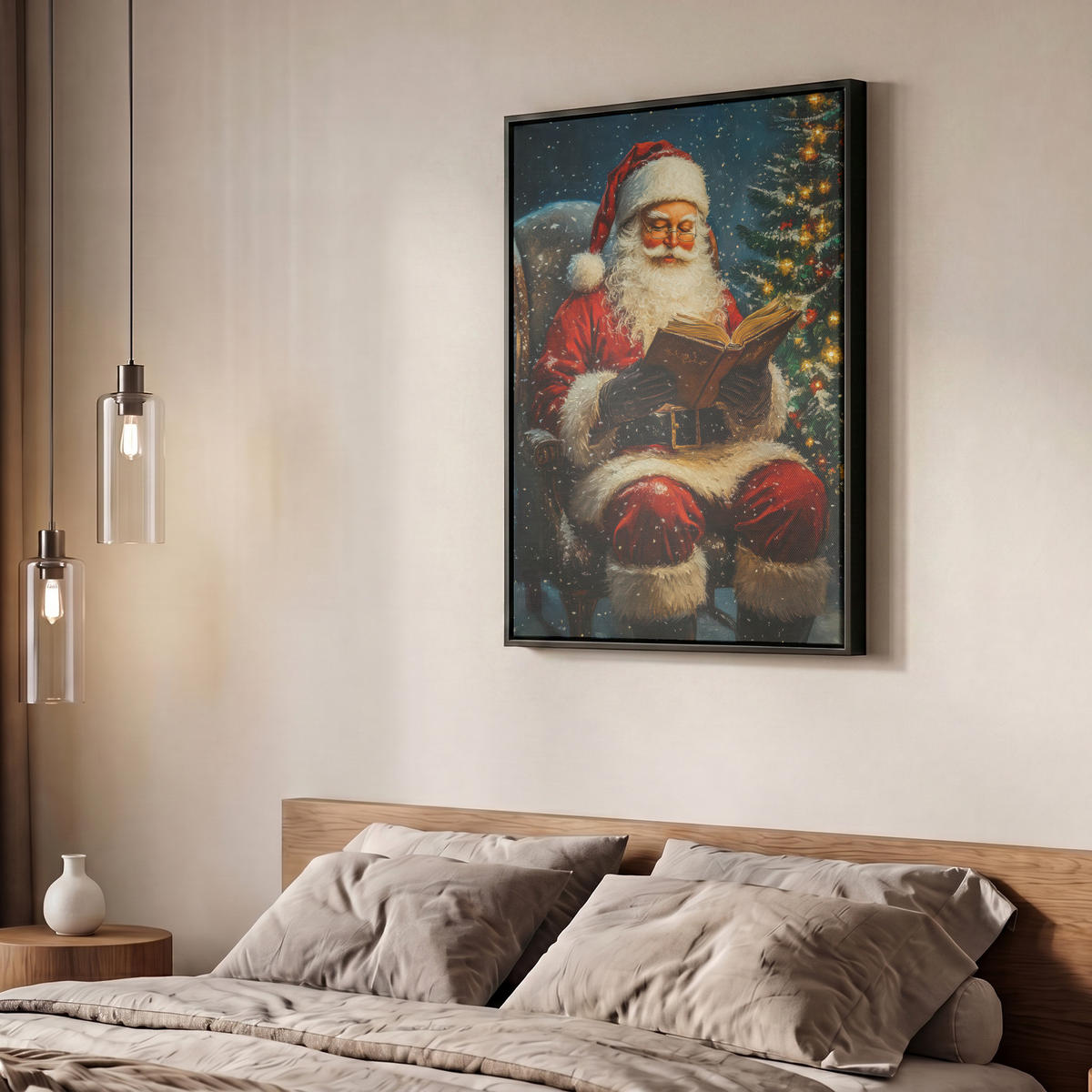 LEINWAND Bilder mit Rahmen - Weihnachtsmann - Weihnachten - Winter - Weihnachtsbaum - 50x70 - Bordeaux, Textil (50/70cm) - MuchoWow