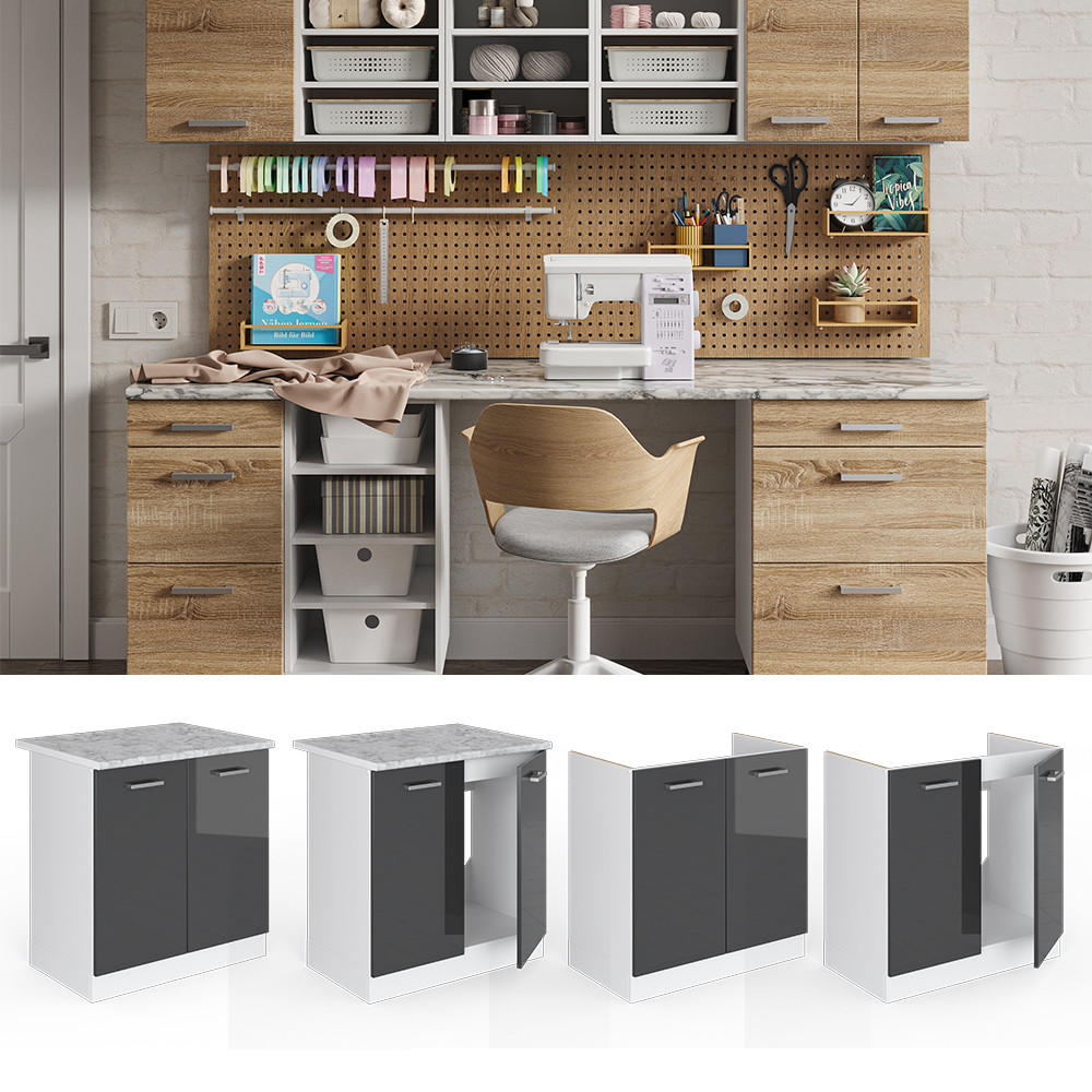 SPÜLENUNTERSCHRANK R-Line Anthrazit Hochglanz 80 cm mit Türen, mit Arbeitsplatte - Schwarz Hochglanz/Weiß, Holzwerkstoff (80/81.6/60cm) - Vicco
