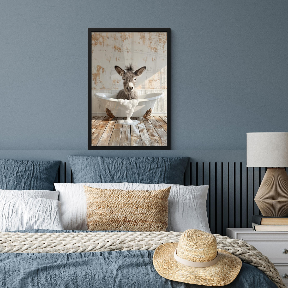 GERAHMTES BILD Esel - Tiere - Badewanne - Schaumstoff 40x60 cm - Weiß, Papier (40/60cm) - MuchoWow