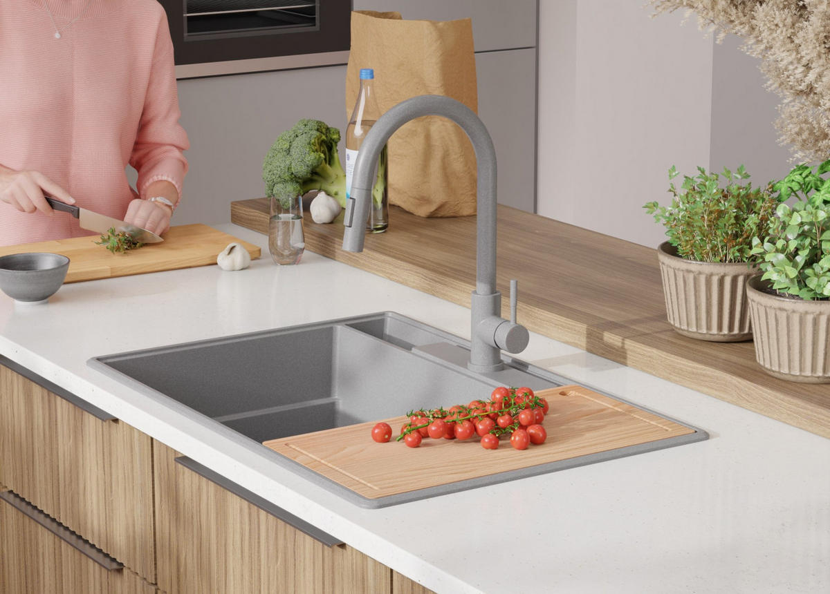 GRANITSPÜLE Paris, 2-er set Grau 78/53 cm 2 Becken + Küchenarmatur 32/20 cm + Ablauf-Set + Küchenzubehörset ab 80er Unterschrank - Chromfarben/Edelstahlfarben, Kunststoff (78/20/53cm) - Primagran