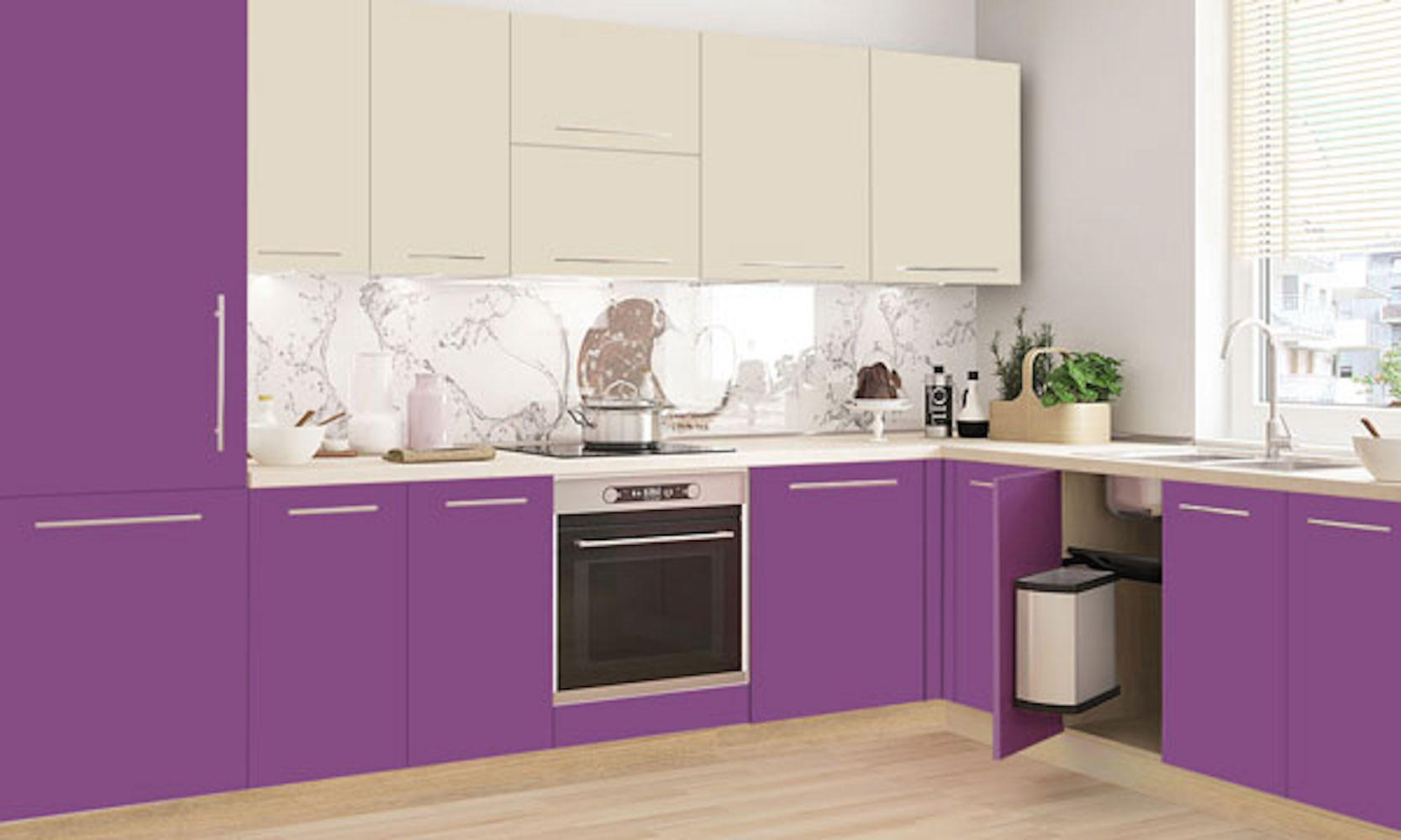 WINKELKÜCHE Brerra Artisan Eiche / signalviolett - perlweiß semi matt 12-teilig - Violett/Weiß, Holzwerkstoff (310/207/210cm) - Feldmann-Wohnen