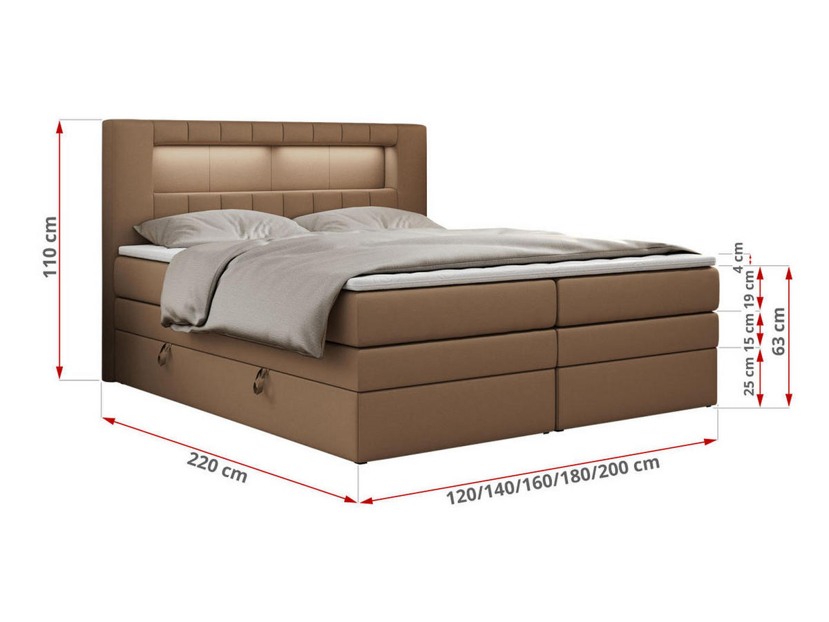 BOXSPRINGBETT GOLD-5 KING LED 200/200 Braun Kunstleder - H3 - Braun, Holz/Textil (200/200cm) - MKS
