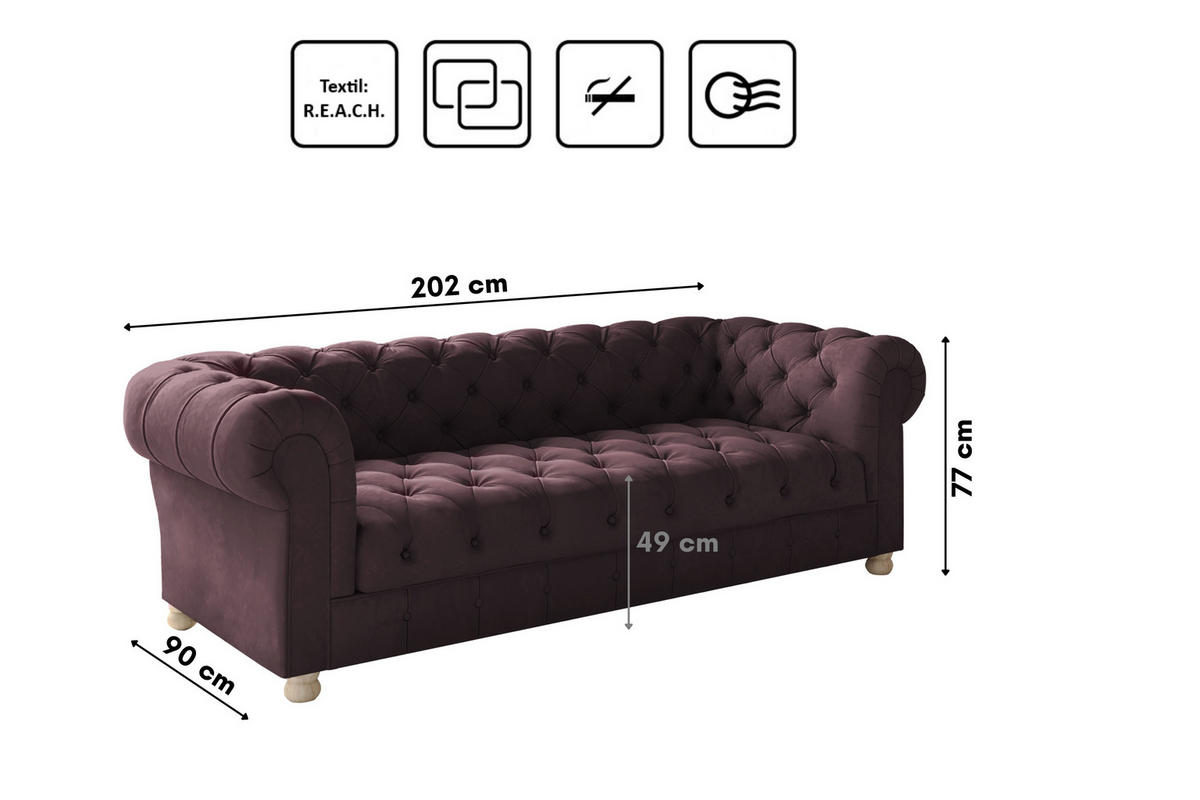 SOFA CHESTERFIELD Elegant Klassisch Schick Stoff Whisper Velours Rotwein - Rot, Holz/Textil (202/77/90cm) - Kaiser Möbel